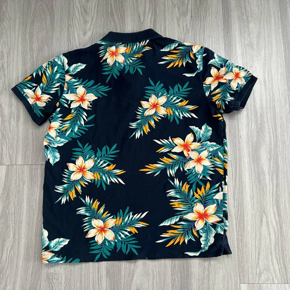 Banana Republic Organic Cotton Tropical Floral Polo Shirt Navy Blue Hawaiian